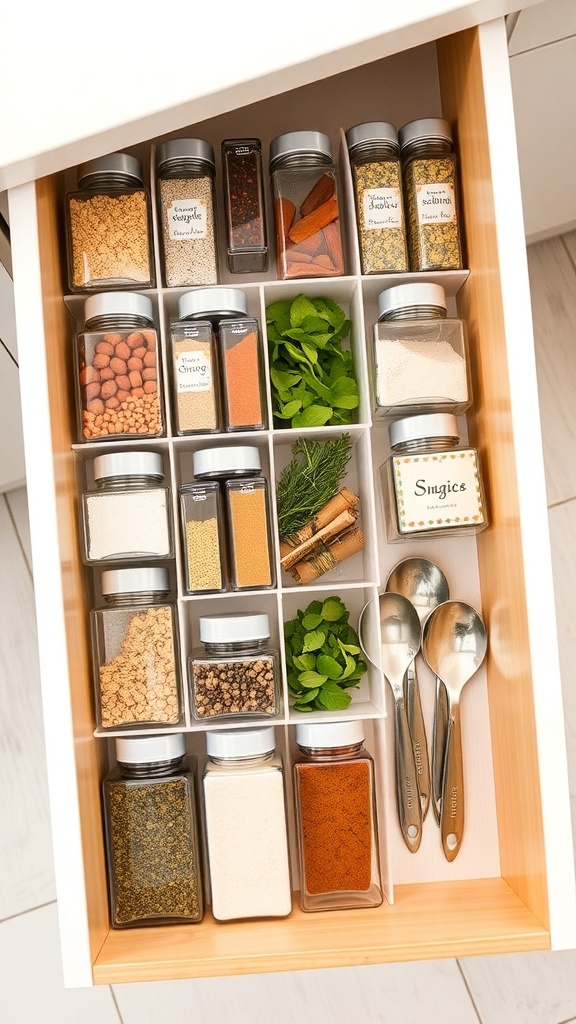 A neatly organized seasoning drawer with labeled spice containers, dividers, and measuring spoons.